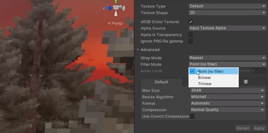Retro bir görünüm için Unity görüntü içe aktarma ayarları.