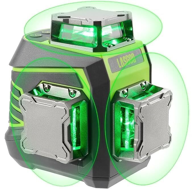 Lazer Seviyesi 3x360° Kendiliğinden Düzleşen, İnşaat ve Resim Asma için 3D Yeşil Çapraz Çizgi Lazeri, Şarj Edilebilir Pil, Uzaktan Kumanda, Manyetik Döner Stand Dahil - LG-3Dx